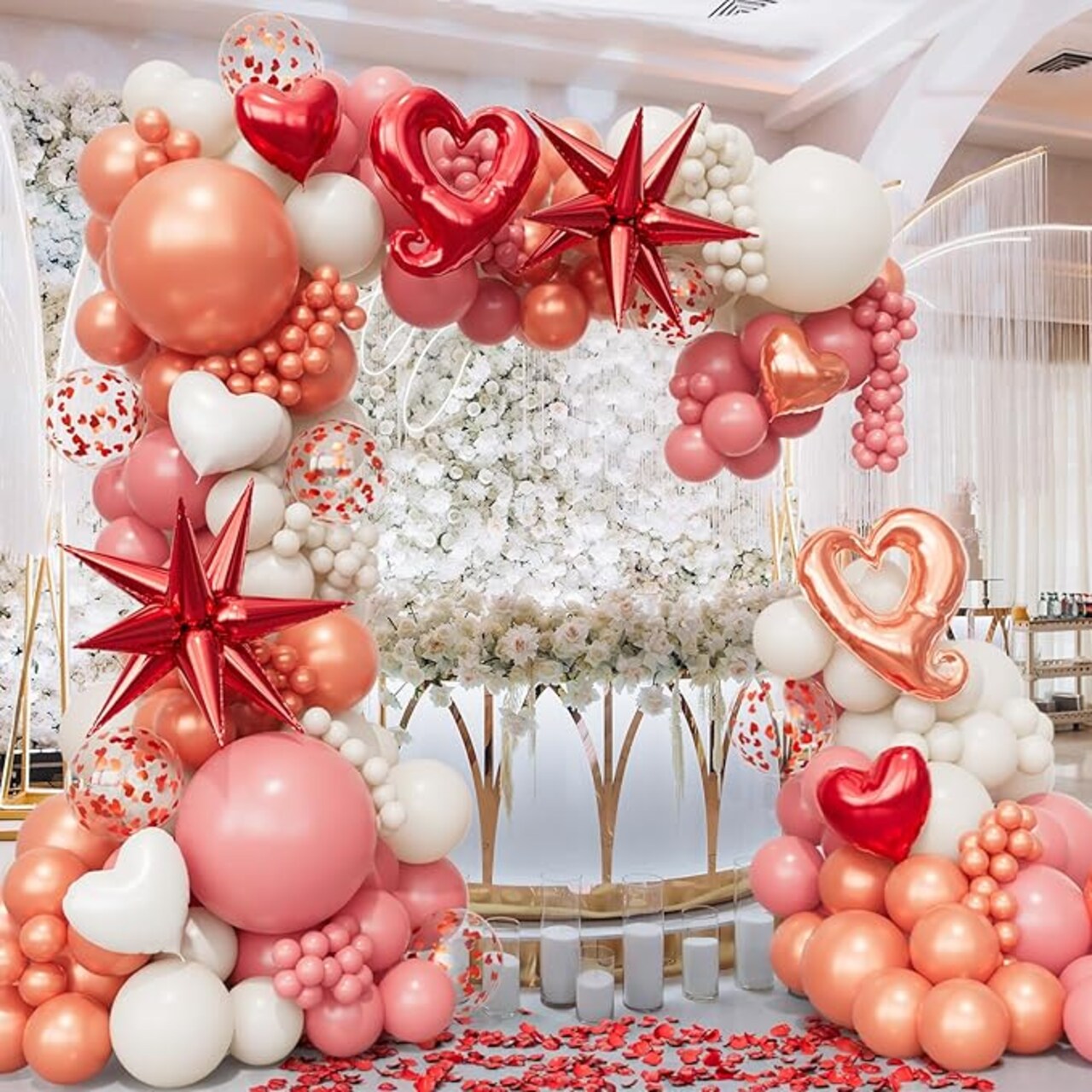 Valentines Day Balloons Arch Garland Kit,160Pcs Dusty Pink, Sand White, Pearl Rose Gold, Red Heart Confetti, Love, Star Balloons for Valentine's, Anniversary, Wedding Party Decorations